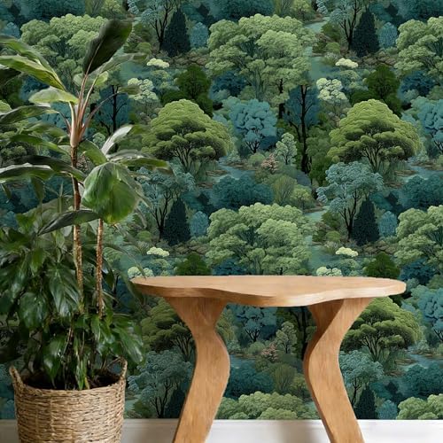 Serene Forest Stream Peel and Stick Wallpaper Forest | Green and Teal Art Deco Woodland Pattern Wallpaper for Home Decor | 17.7" x 118", Self-Adhesive, Waterproof Vinyl - Image 4