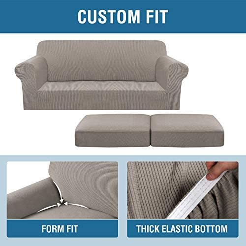 H.VERSAILTEX 3 Piece Stretch Sofa Covers for 2 Cushion Sofa Couch Covers for Living Room Sofa Slipcovers (Base Cover Plus 2 Seat Cushion Covers) Thicker Jacquard Fabric(Large Sofa, Taupe) - Image 4