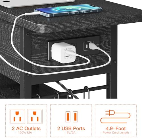 End Table with Charging Station, Flip Top Nightstand with USB Ports and Outlets,Couch Side Table with Fabric Bag and Hooks, Bedside Table for Space Saving, Living Room, Bedroom (Black) - Image 5