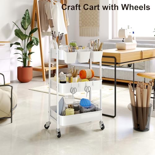 3 Tier Heavy Duty White Metal Rolling Cart with Lockable Wheels,Roller Cart - Image 3
