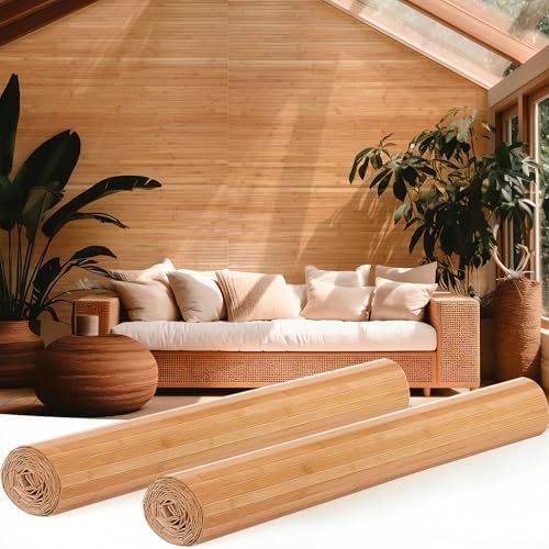 Juexica 2 Pcs Natural Bamboo Wall Panel 24 x 96 Inch Bamboo Covering Renewable Pole Wrap Fencing Wainscoting Room Divider for Interior Wall Decoration Bedroom Living Room Ceiling Tiles(Carbonized) by Juexica