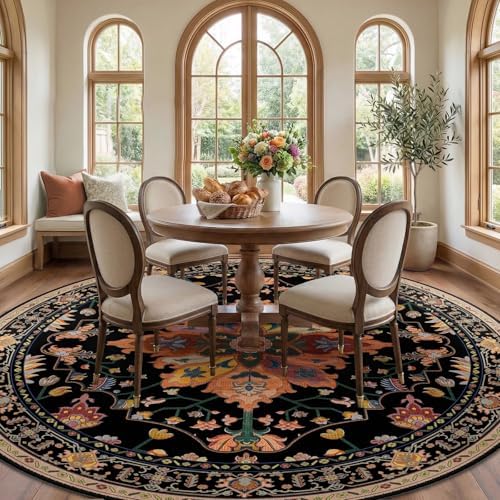 RELEANY Washable Area Rug, Round 8ft, Black/Colorful - Image 2