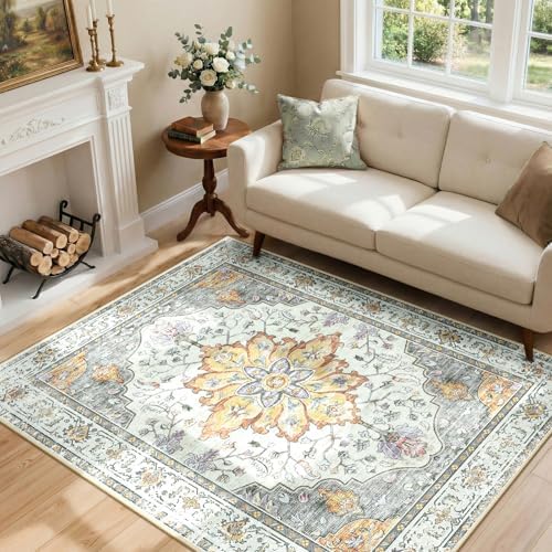 RELEANY Washable Area Rug, 4'x6', Beige/Carbon Grey/Orange - Image 2