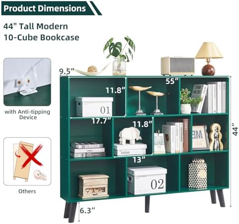 LEYAOYAO 10 Cube Bookshelf,Mid-Century Modern Bookcase with Legs,Dark Green - Image 2