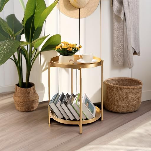 TeoKJ 2 Tier Gold Side Table, Folding Round Metal End Table Small Nightstand with Two Removable Tray for Bedroom Living Room Small Spaces Bedside Gold - Image 5