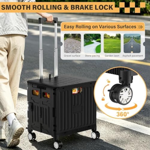 SUNALLY Folding Utility Cart Rolling Crate Handcart Shopping Trolley, Black - Image 5
