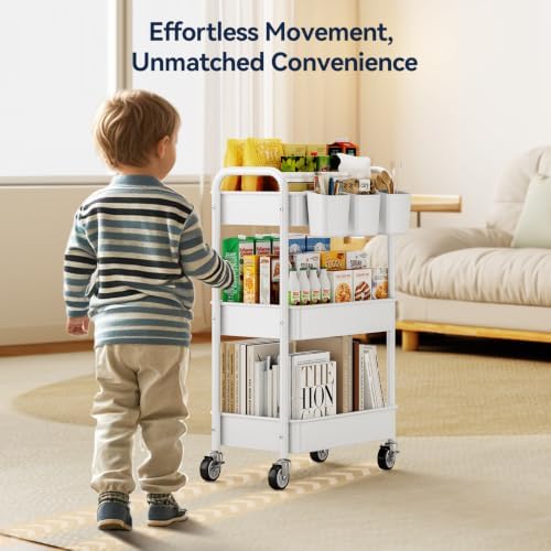 YASONIC 3 Tier Rolling Cart, Heavy Duty Metal Utility Cart with Wheel White - Image 3
