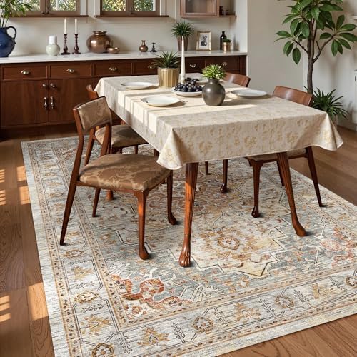 Washable Area Rug 8' x 10' Vintage Traditional Persian Mat - Foldable Distressed Non-Slip Machine Washable Carpet for Living Room Bedroom Kitchen Home Decor - Dove Gray and Coral - Image 3