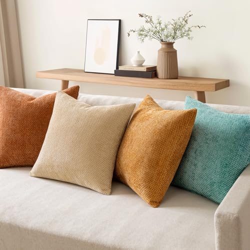 MIULEE Soft Decorative Chenille Fall Pillow Covers Beige Orange Teal 18x18 - Image 3