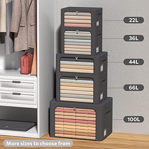 CYhom 3Pack Stackable Clothes Storage Bins - Oxford Frame Storage Box Foldable Clothing Storage Container Organizer Set with Clear Window & Carry Handles Large Capacity (Dark Gray, Large-66L) - Image 4