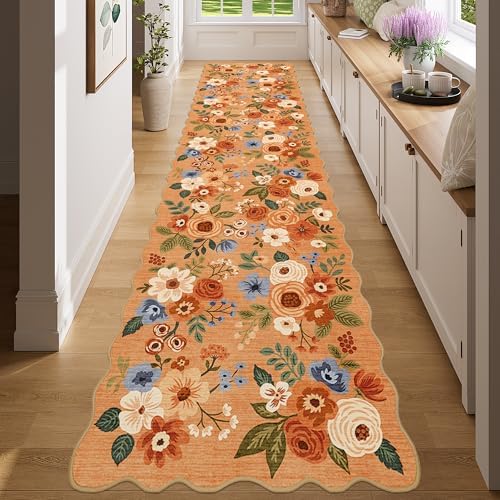 DUKINO 2x8 Washable Runner Rug, Floral Non Slip Kitchen Runner Rug, Orange - Image 5