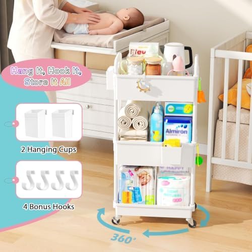 SUNALLY Baby Diaper Caddy Cart,3 Tier Rolling Diaper Cart for Nursery,White - Image 4
