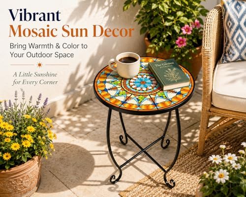 Small Mosaic Outdoor Side Table, 14-Inch Round Metal Patio Table - Image 4