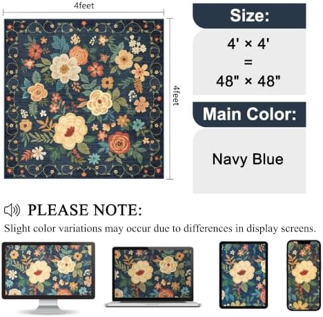 DUKINO 4x4 Square Area Rug, Floral Washable Rug for Entryway, Navy Blue - Image 2