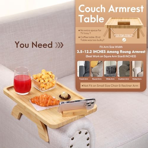 SINWANT Couch Arm Tray,Bamboo Sofa Clip on Side Table,Foldable Couch Armrest Table with 360°Rotating Phone Holder,Anti Slip Food Trays for Eating/Drinks/Snacks/Remotes 15.35" x 9.85" - Image 3