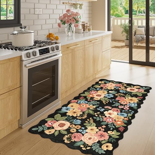 DUKINO 2x4 Rug for Entryway, Floral Washable Kitchen Rugs Non Slip, Black - Image 3