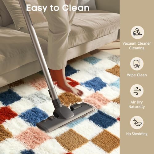 Ophanie Checkered Rainbow Rug for Living Room Bedroom,Colorful Fluffy Soft Cute Fuzzy Area Rugs,Shag Plush Shaggy Bedside Floor 4x6 Furry Carpet Kids Baby Teen Dorm Decor with Over 99 pcs Pile fibers - Image 6