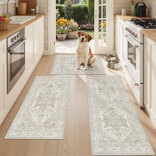 Madane Washable Kitchen Rug Set of 3 Small Area Rugs Non-Slip, Beige/Brown by Madane