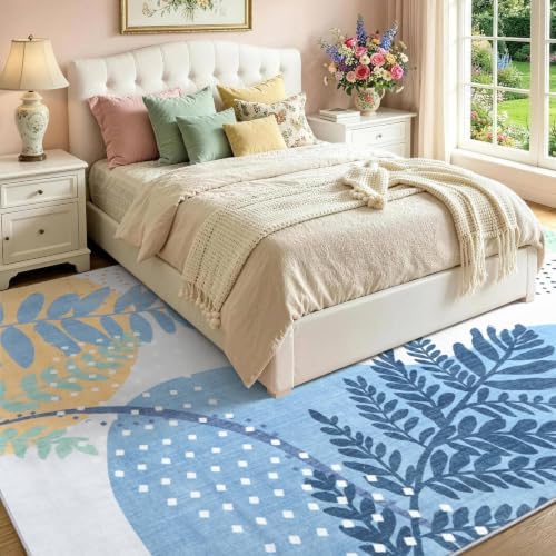 6x9 Ft Washable Area Rug for Living Room Cream Blue Modern Neutral Carpet - Image 3
