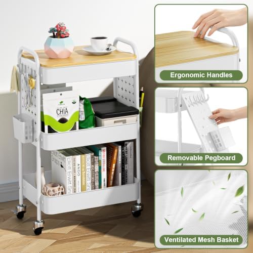 3 Tier Rolling Cart with Table top, Metal Utility Cart with DIY Pegboard - Image 3