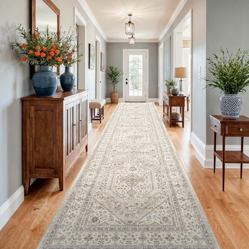 4x12 Washable Hallway Runner Rug - Non-Slip Vintage Kitchen Rugs Beige Gray - Image 3