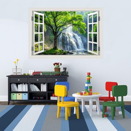 Fake Window Wall Decal- Rainforest Waterfall Tree Open Wall Art Sticker | Faux Window Forest Natural Landscape Mural｜ Stick and Peel Wall Decals｜for Room Bedroom Office Decor｜48"x32",Set of 2 Sheets - Image 5