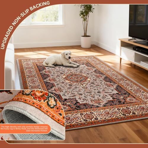 Hanples 5x7 Area Rugs for Living Room, Washable Rug Vintage Floral, Orange - Image 6