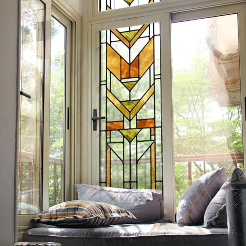 Faux Stained Glass Effect Transparent Window Film, Original Hand Drawn Static Cling Home Decal Inspired by Frank Lloyd Wright, 16.93" x84.65" Martin House, Boho by Flortlias