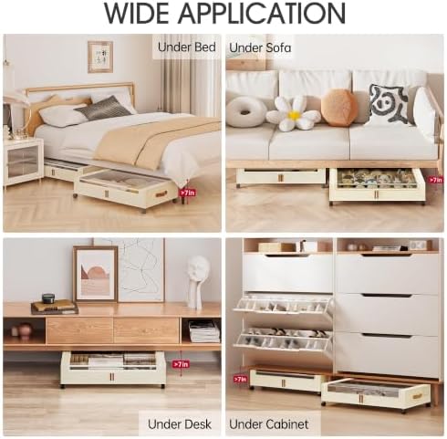 Yecaye 60L Under Bed Storage Containers with Wheels, 2 Pack Under Bed Storage Containers, Underbed Shoe Storage with Clear Window & Label, Rolling Under Bed Metal Drawer for Shoes, Clothes, Beige - Image 6