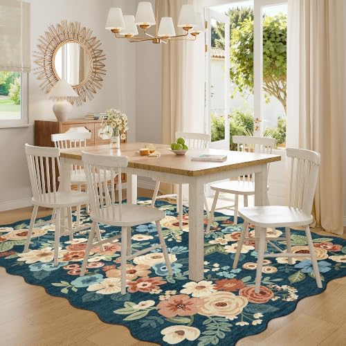 DUKINO 6x9 Area Rugs Floral Washable Living Room Rug Non Slip Prussian Blue - Image 3