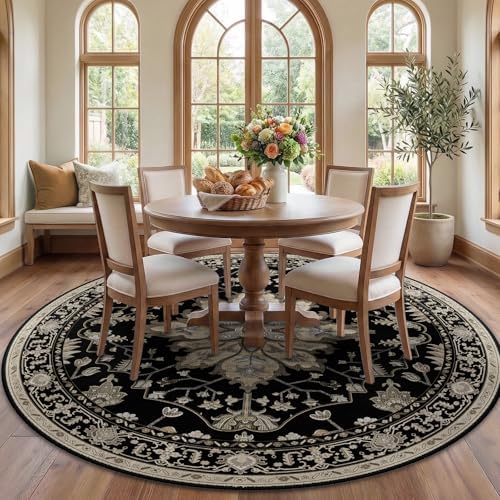 RELEANY Washable Area Rug, Round 7ft, Black/Neutral by RELEANY