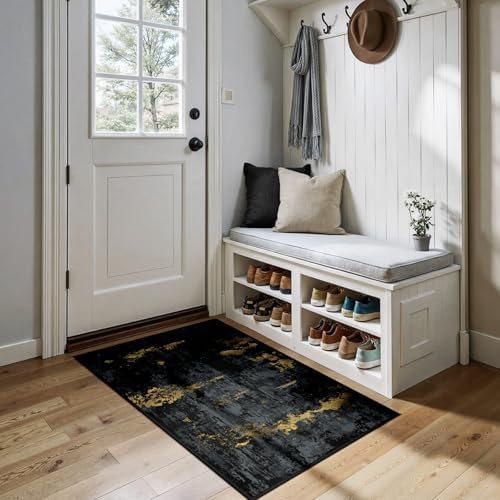 RELEANY Washable 3'x4' Abstract Area Rug for Living Room Black Gold - Image 3