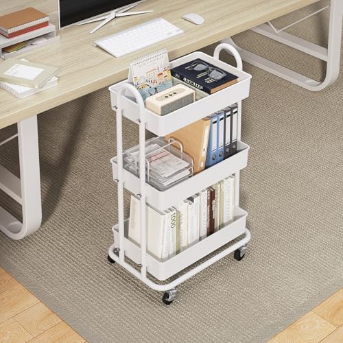 3-Tier Utility Cart with Wheels, Rolling Cart, Storage Shelves, Multi-Functional Organizer Cart for Bathroom, Office, Kitchen, White - Image 2