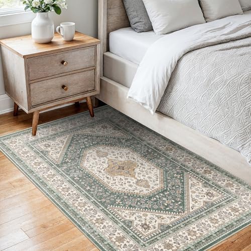 2x4 Washable Entryway Area Rug - Non-Slip Boho Throw Rugs Green Beige - Image 2