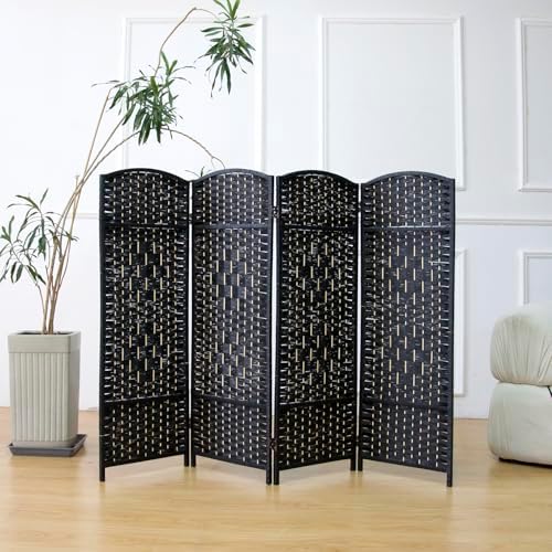 4-Panel Short Room Divider, 3.9 ft Freestanding Partition Wall, Natural Black Rattan Double-Sided Folding Screen for Living Room, Bedroom & Corner Privacy - Image 3