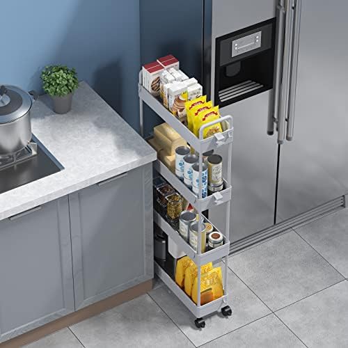 SOLEJAZZ Slim Rolling Storage Cart Skinny Bathroom Organizer, 4 Tier, Gray - Image 3