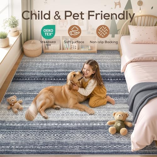 6x8 Area Rugs Living Room: Washable Boho Large Neutral Soft Rug Modern Stain Resistant Moroccan Indoor Non Slip Floor Carpet for Bedroom Nursery Kids Playroom Office Dining Room Dorm- Blue - Image 4