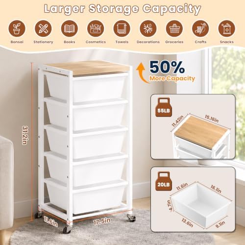 Rolling Cart with 5 Drawers, Plastic Drawer Storage Carts with Wheels & Wooden Tabletop, Metal Utility Cart for Office Bedroom Living Room Classroom, Craft Organization and Storage, White - Image 3