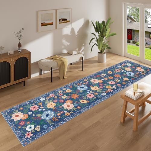 DUKINO 2x10 Runner Rug, Floral Washable Kitchen Runner Rug Non Slip, Blue - Image 3