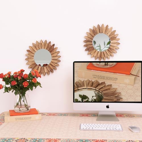 LOSOUR 2 Pack Boho Wall Decor Sunburst Mirror 12 inch Rustic Round Wood Mirror Boho Mirror Farmhouse wall Decor for Bedroom Living Room Entryway - Image 5
