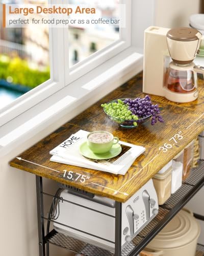 Kitchen Island with Power Outlet, Rolling Kitchen Cart with 6 Hooks and Protective Shelf, Microwave Stand on Lockable Wheels, Bakers Rack Coffee Bar for Dining, Living Room, Outdoor, Metal Frame - Image 5