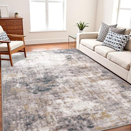 8x10 Area Rugs, Modern Abstract Living Room Rug, Soft Washable Large Area Rug for Bedroom Stain Resistant Non Slip, Low Pile Carpet for Dining Room Home Office Decor, Grey Gold by Enqinar