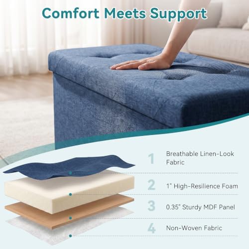 OLIXIS 43 Inch Folding Storage Ottoman Bench, Blue Ottoman with Storage - Image 6