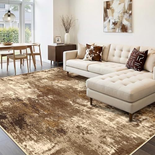 RELEANY Washable 8'x10' Abstract Area Rug for Living Room Brown Tan by RELEANY