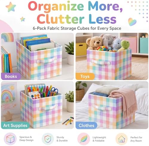 Chunful 6 Pcs 11 Inch Fabric Cube Storage Bin Collapsible, Rainbow Plaid - Image 4