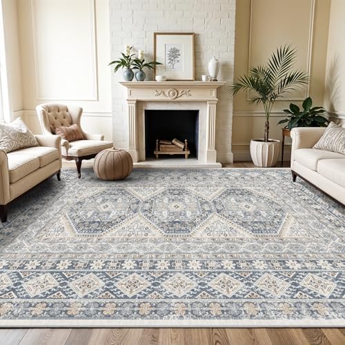 Ksrau 10x12 Area Rug Washable Vintage: Non Slip Living Room Large Rugs Blue - Image 4