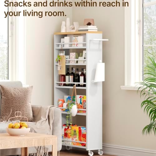 YATINEY 6 Tier Slim Storage Cart, Narrow Kitchen Cart with Wheels, Rolling Utility Cart with Handle and 6 Hooks, Space Saving Organizer for Kitchen, Bathroom, Laundry Room, White BC11WN - Image 5