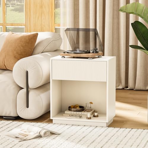 Fluted Nightstands Set of 2, Modern Bedside Table with Drawer and Storage Shelf, Wood End Table Mid Century Night Stands for Bedroom Living Room Sofa Couch Office (White) - Image 7