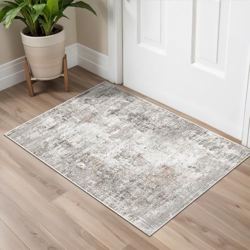 2x3 Washable Non-Slip Area Rug - Soft Low Pile Throw Rug for Kitchen Entryway Bedroom - Modern Indoor Door Mat with Rubber Backing (Beige Grey) by ZHXXUJ