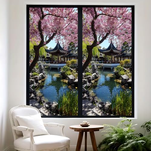 Decorative Frosted Window Film, Stained Glass Window Film, Removable No Glue Peel and Stick for Bathroom Bedroom Living Room Window Decor 17.5 x 39.3 inch Chinese Garden by KKYEJLQYI